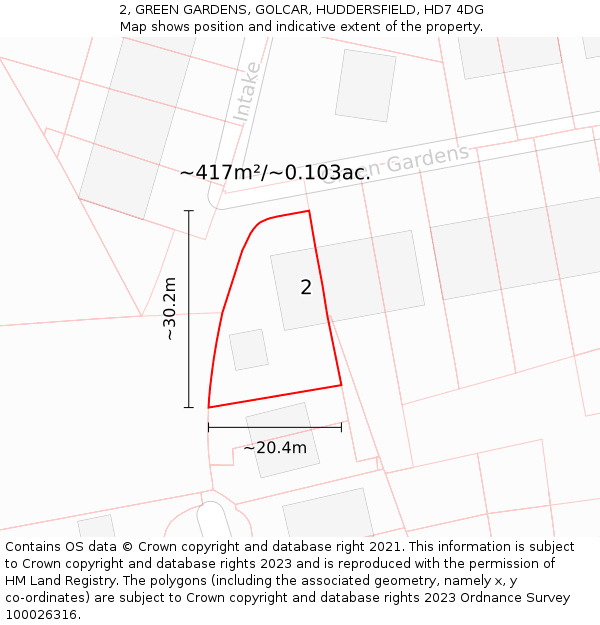 2, GREEN GARDENS, GOLCAR, HUDDERSFIELD, HD7 4DG: Plot and title map