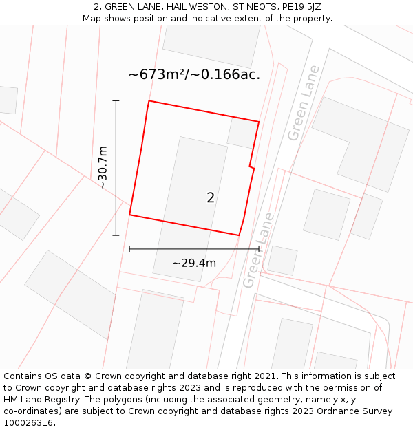 2, GREEN LANE, HAIL WESTON, ST NEOTS, PE19 5JZ: Plot and title map