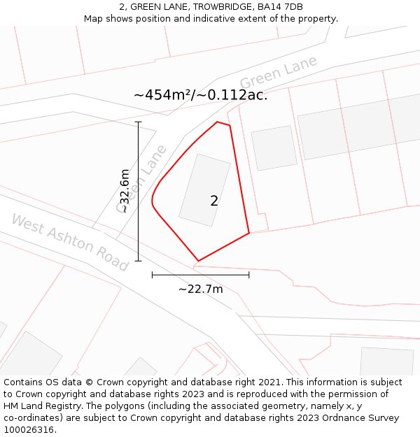 2, GREEN LANE, TROWBRIDGE, BA14 7DB: Plot and title map