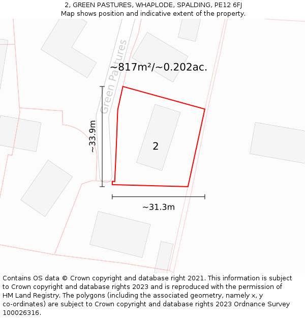 2, GREEN PASTURES, WHAPLODE, SPALDING, PE12 6FJ: Plot and title map