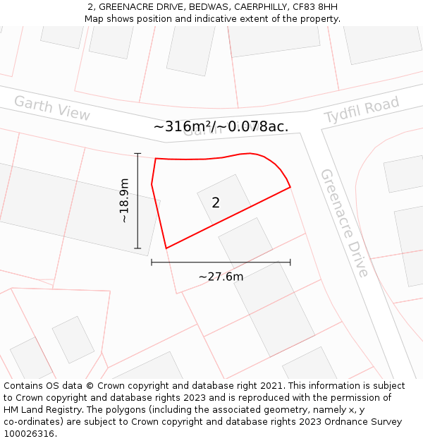 2, GREENACRE DRIVE, BEDWAS, CAERPHILLY, CF83 8HH: Plot and title map