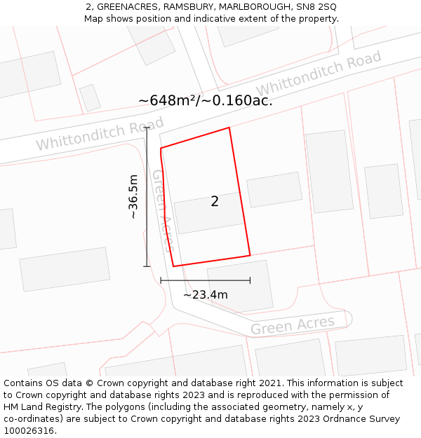 2, GREENACRES, RAMSBURY, MARLBOROUGH, SN8 2SQ: Plot and title map