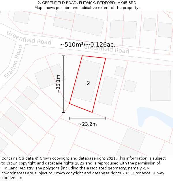 2, GREENFIELD ROAD, FLITWICK, BEDFORD, MK45 5BD: Plot and title map