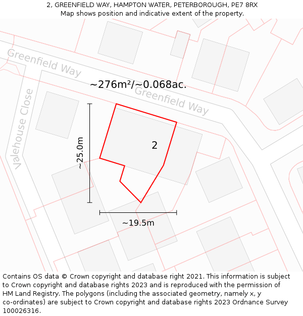 2, GREENFIELD WAY, HAMPTON WATER, PETERBOROUGH, PE7 8RX: Plot and title map