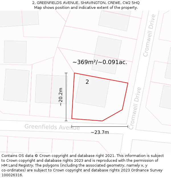 2, GREENFIELDS AVENUE, SHAVINGTON, CREWE, CW2 5HQ: Plot and title map