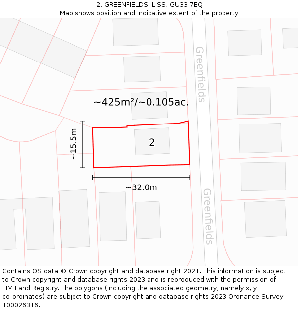 2, GREENFIELDS, LISS, GU33 7EQ: Plot and title map