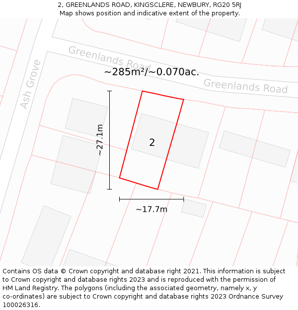 2, GREENLANDS ROAD, KINGSCLERE, NEWBURY, RG20 5RJ: Plot and title map