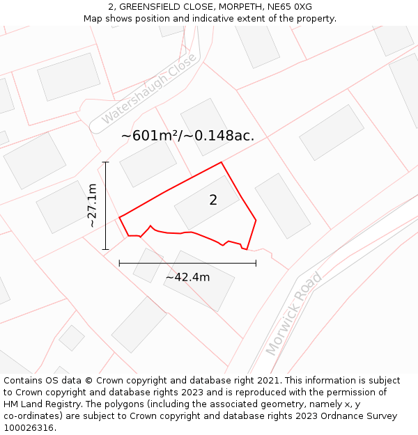 2, GREENSFIELD CLOSE, MORPETH, NE65 0XG: Plot and title map
