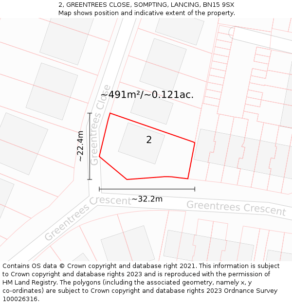 2, GREENTREES CLOSE, SOMPTING, LANCING, BN15 9SX: Plot and title map