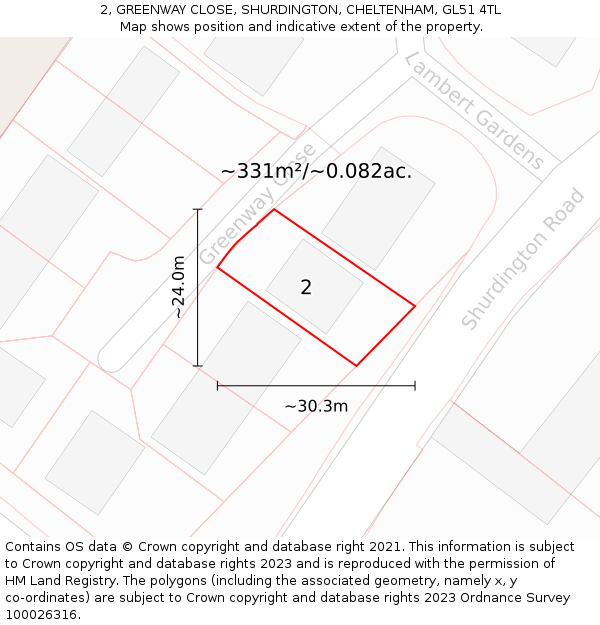 2, GREENWAY CLOSE, SHURDINGTON, CHELTENHAM, GL51 4TL: Plot and title map