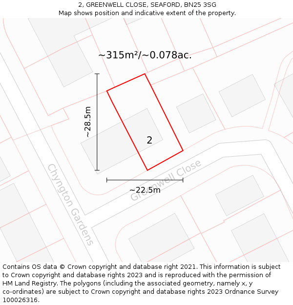 2, GREENWELL CLOSE, SEAFORD, BN25 3SG: Plot and title map