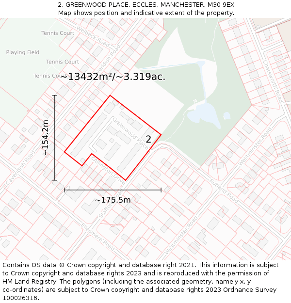 2, GREENWOOD PLACE, ECCLES, MANCHESTER, M30 9EX: Plot and title map