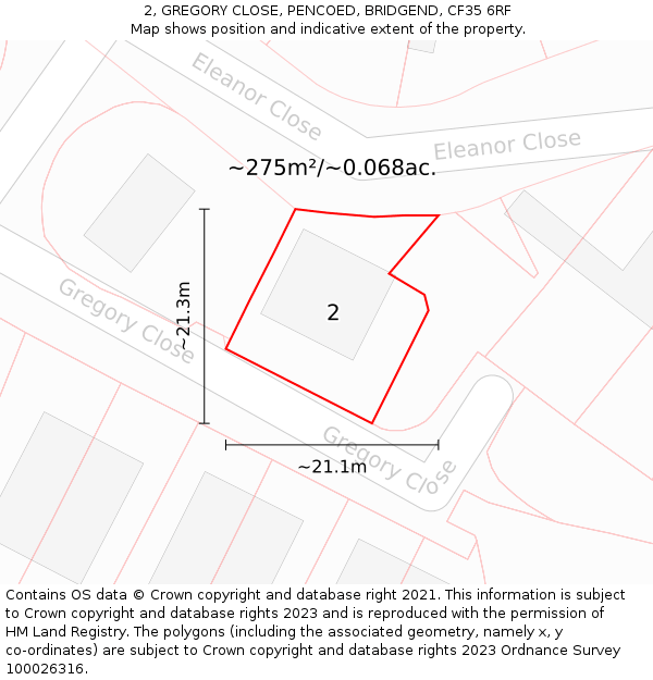 2, GREGORY CLOSE, PENCOED, BRIDGEND, CF35 6RF: Plot and title map