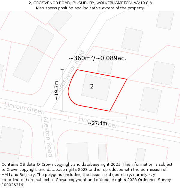 2, GROSVENOR ROAD, BUSHBURY, WOLVERHAMPTON, WV10 8JA: Plot and title map