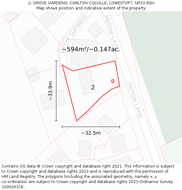 2, GROVE GARDENS, CARLTON COLVILLE, LOWESTOFT, NR33 8SH: Plot and title map