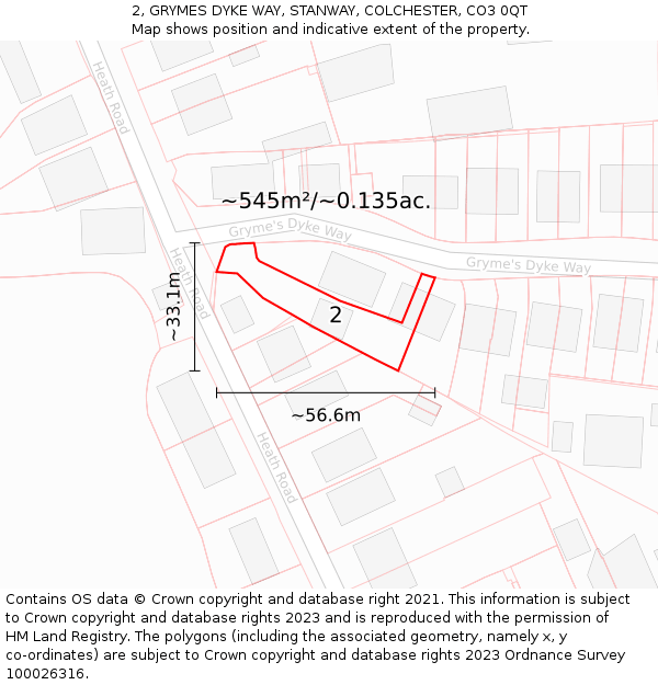 2, GRYMES DYKE WAY, STANWAY, COLCHESTER, CO3 0QT: Plot and title map