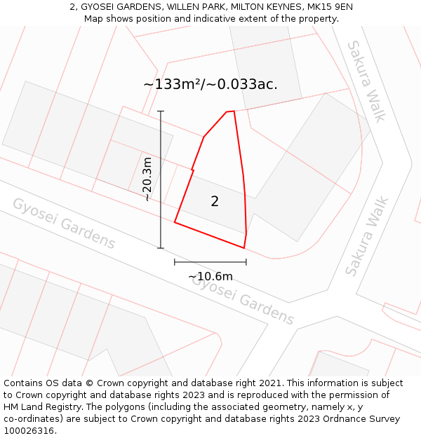 2, GYOSEI GARDENS, WILLEN PARK, MILTON KEYNES, MK15 9EN: Plot and title map