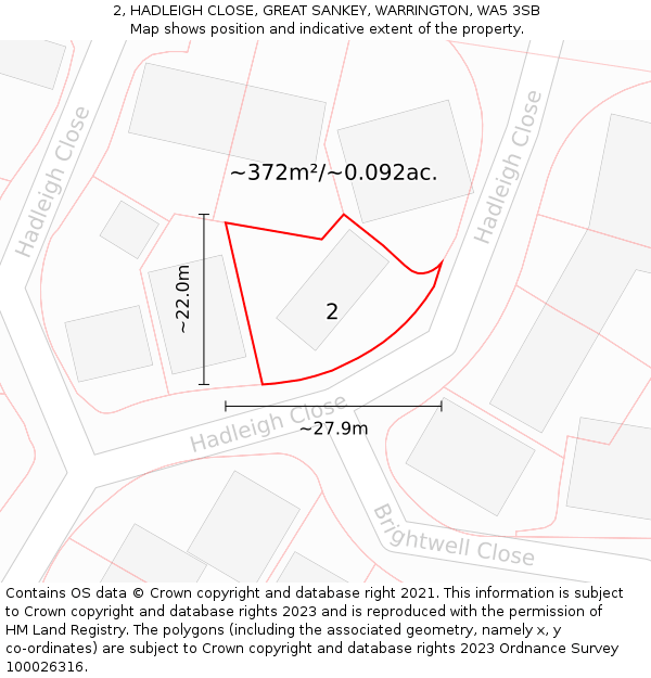 2, HADLEIGH CLOSE, GREAT SANKEY, WARRINGTON, WA5 3SB: Plot and title map