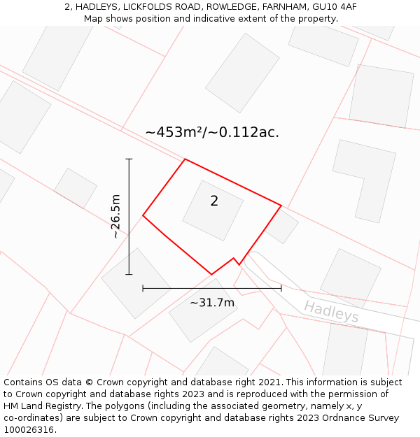 2, HADLEYS, LICKFOLDS ROAD, ROWLEDGE, FARNHAM, GU10 4AF: Plot and title map