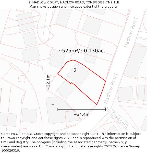 2, HADLOW COURT, HADLOW ROAD, TONBRIDGE, TN9 1LB: Plot and title map