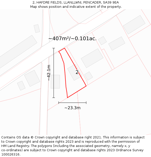 2, HAFDRE FIELDS, LLANLLWNI, PENCADER, SA39 9EA: Plot and title map