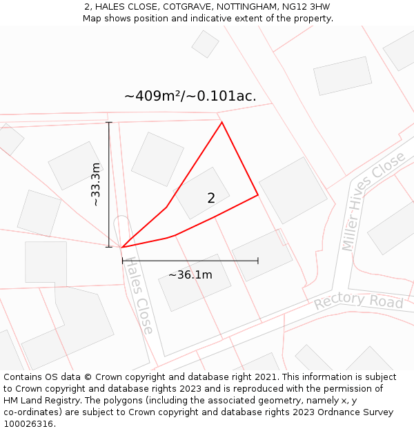 2, HALES CLOSE, COTGRAVE, NOTTINGHAM, NG12 3HW: Plot and title map