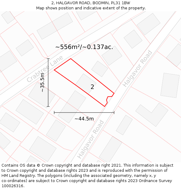 2, HALGAVOR ROAD, BODMIN, PL31 1BW: Plot and title map
