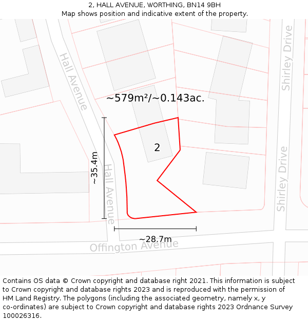 2, HALL AVENUE, WORTHING, BN14 9BH: Plot and title map