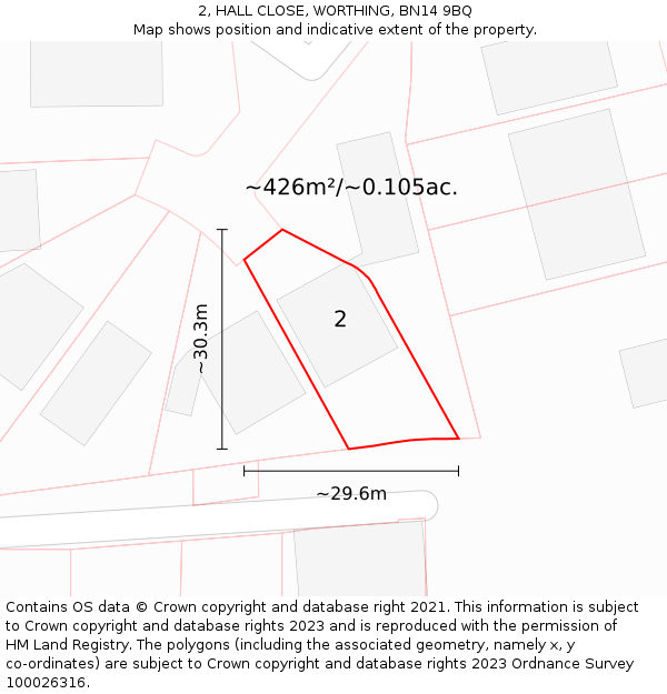 2, HALL CLOSE, WORTHING, BN14 9BQ: Plot and title map