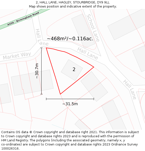 2, HALL LANE, HAGLEY, STOURBRIDGE, DY9 9LL: Plot and title map