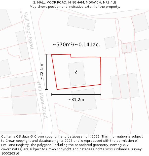 2, HALL MOOR ROAD, HINGHAM, NORWICH, NR9 4LB: Plot and title map