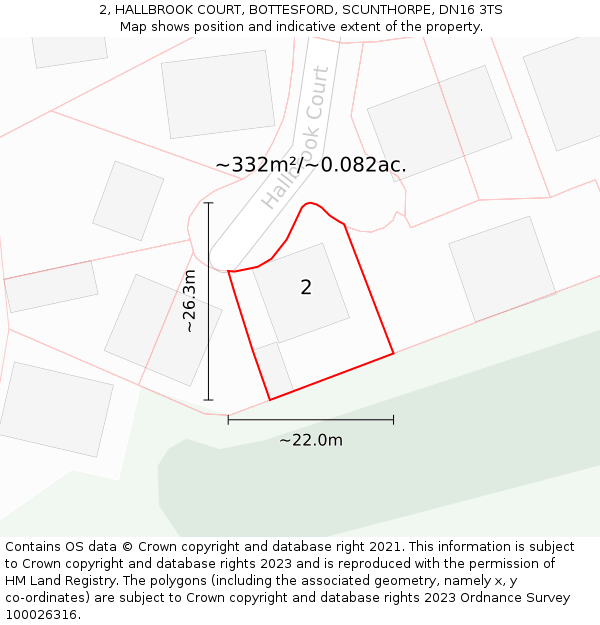 2, HALLBROOK COURT, BOTTESFORD, SCUNTHORPE, DN16 3TS: Plot and title map