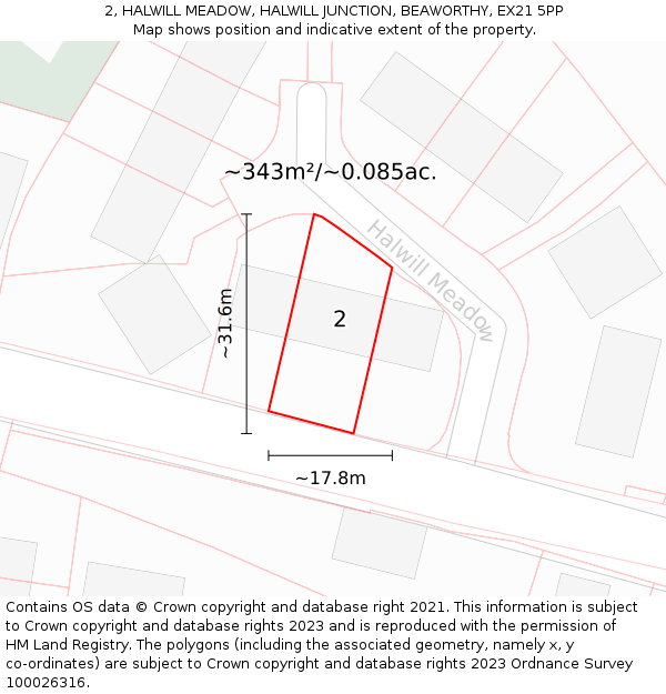 2, HALWILL MEADOW, HALWILL JUNCTION, BEAWORTHY, EX21 5PP: Plot and title map