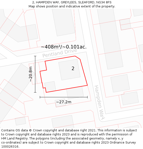 2, HAMPDEN WAY, GREYLEES, SLEAFORD, NG34 8FS: Plot and title map
