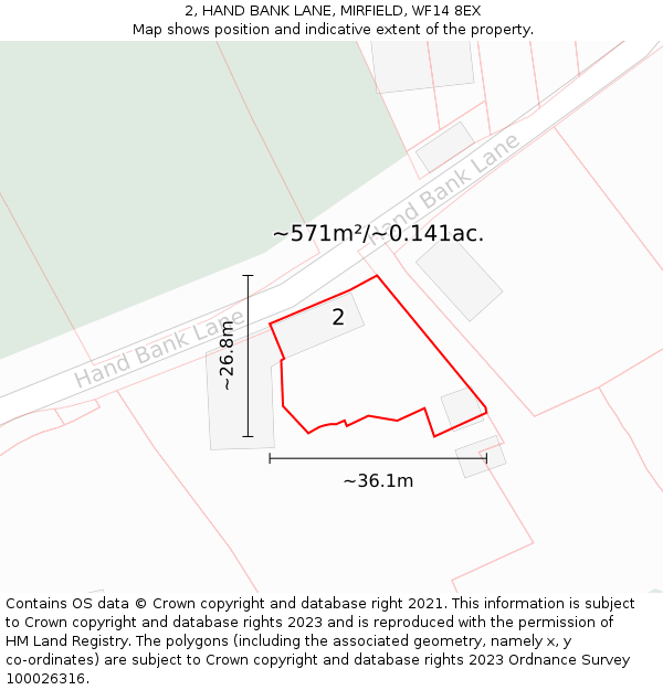 2, HAND BANK LANE, MIRFIELD, WF14 8EX: Plot and title map