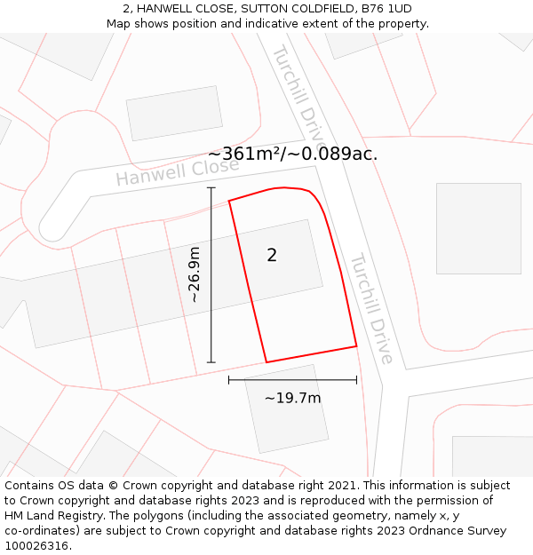 2, HANWELL CLOSE, SUTTON COLDFIELD, B76 1UD: Plot and title map