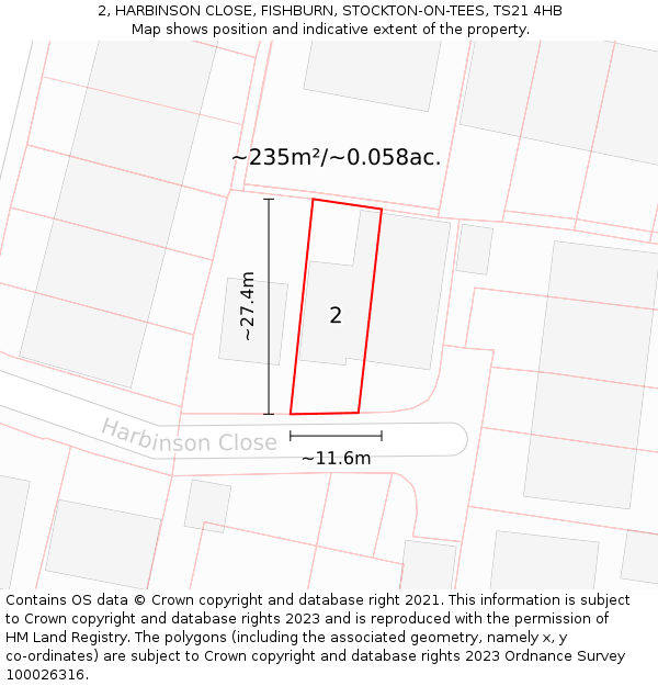 2, HARBINSON CLOSE, FISHBURN, STOCKTON-ON-TEES, TS21 4HB: Plot and title map