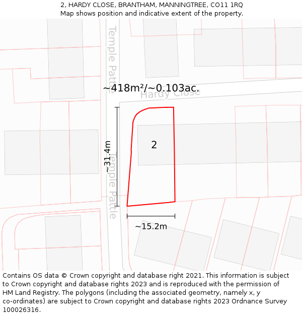 2, HARDY CLOSE, BRANTHAM, MANNINGTREE, CO11 1RQ: Plot and title map
