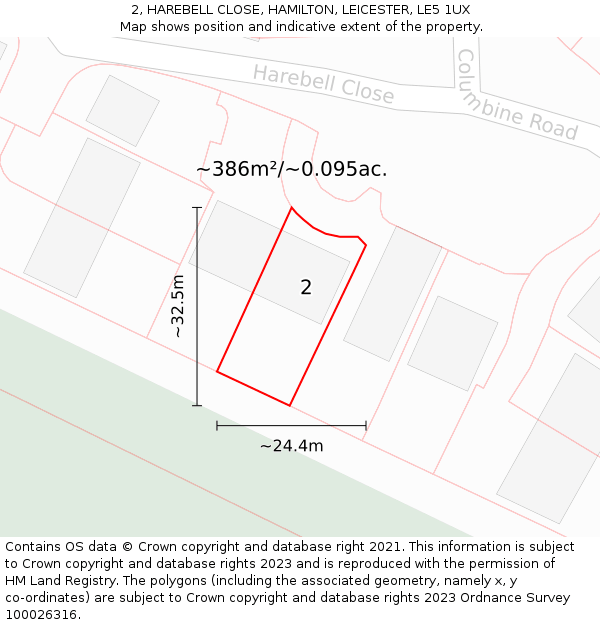 2, HAREBELL CLOSE, HAMILTON, LEICESTER, LE5 1UX: Plot and title map