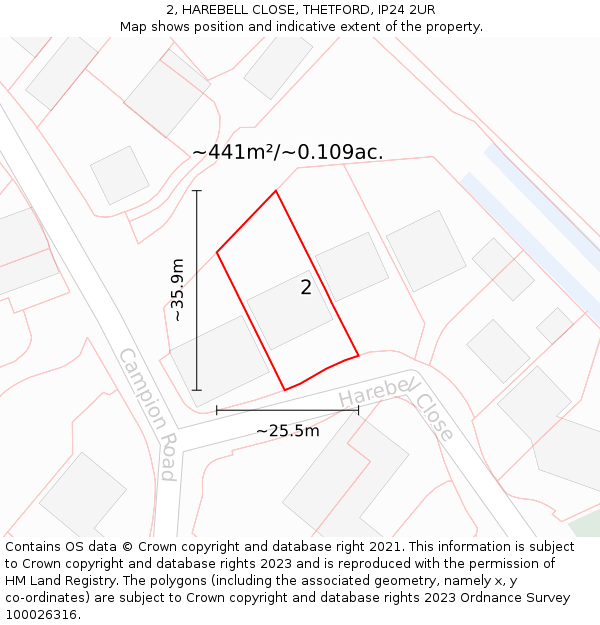 2, HAREBELL CLOSE, THETFORD, IP24 2UR: Plot and title map