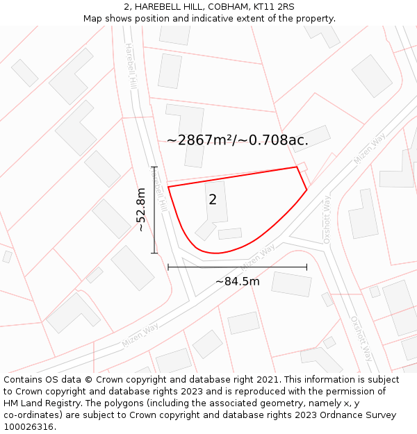 2, HAREBELL HILL, COBHAM, KT11 2RS: Plot and title map