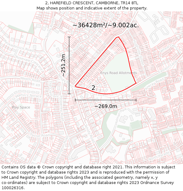2, HAREFIELD CRESCENT, CAMBORNE, TR14 8TL: Plot and title map