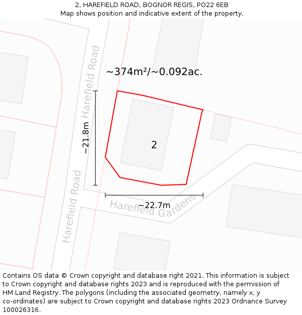 2, HAREFIELD ROAD, BOGNOR REGIS, PO22 6EB: Plot and title map