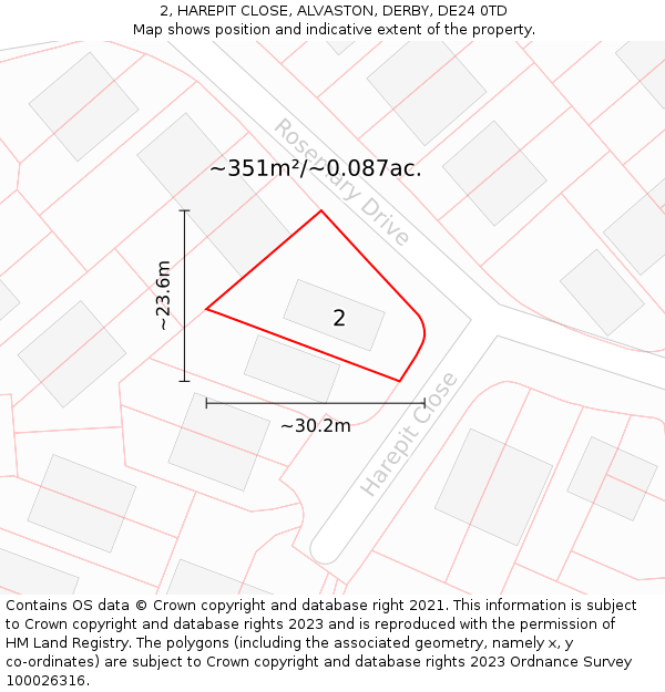 2, HAREPIT CLOSE, ALVASTON, DERBY, DE24 0TD: Plot and title map