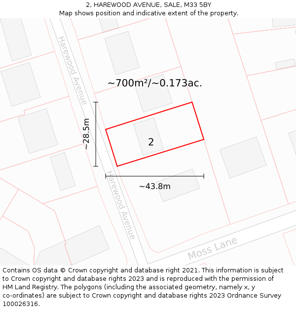 2, HAREWOOD AVENUE, SALE, M33 5BY: Plot and title map
