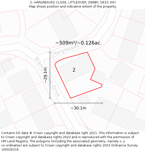 2, HARGREAVES CLOSE, LITTLEOVER, DERBY, DE23 3YH: Plot and title map