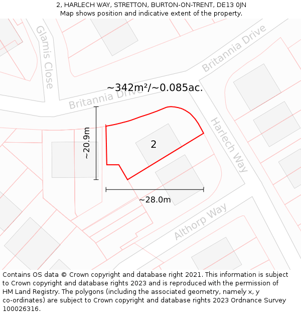 2, HARLECH WAY, STRETTON, BURTON-ON-TRENT, DE13 0JN: Plot and title map