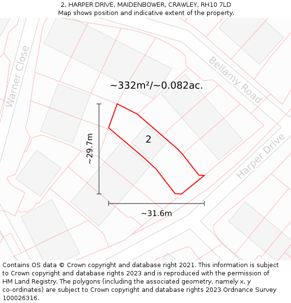 2, HARPER DRIVE, MAIDENBOWER, CRAWLEY, RH10 7LD: Plot and title map