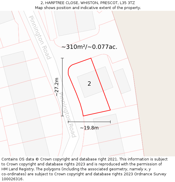 2, HARPTREE CLOSE, WHISTON, PRESCOT, L35 3TZ: Plot and title map