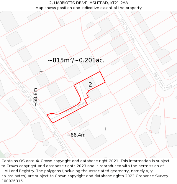 2, HARRIOTTS DRIVE, ASHTEAD, KT21 2AA: Plot and title map